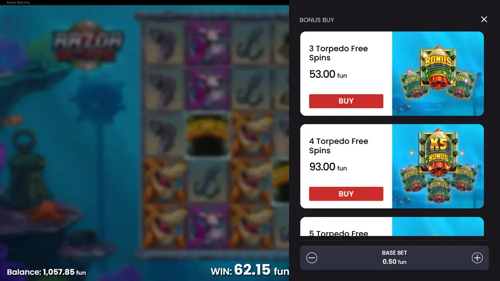Razor Shark 2 Bonus Buy Menü – alle 5 Kaufoptionen mit Kosten und RTP
